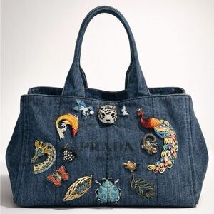 Prada Denim Canapa pre-owned tote embellished w/13 exotic animal brooches, L